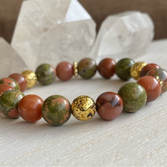 Unakite & Petrified Wood Gemstone Bracelet - Picture 4 of 5